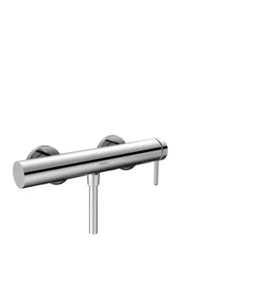 Chromfarbener Einhebel-Brausemischer von Hansgrohe, wandmontiert, mit zwei drehbaren Steuerungselementen, minimalistisches Design ohne sichtbare Steckdosen oder Abdeckungen.